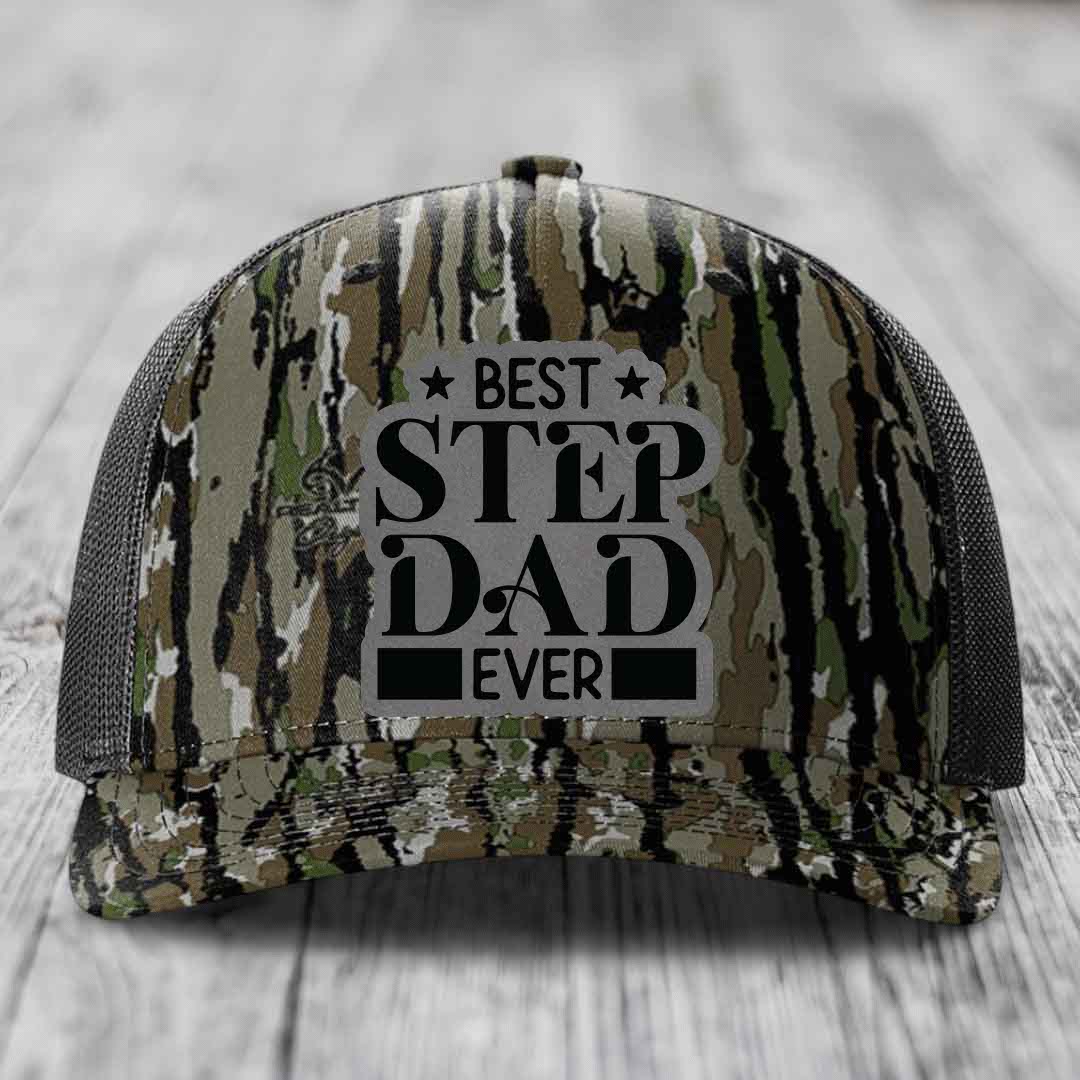 Best Step Dad Ever - Leather Patch Hat - Grey to Black Patch - Richardson 112PFP Snapback Trucker Hat