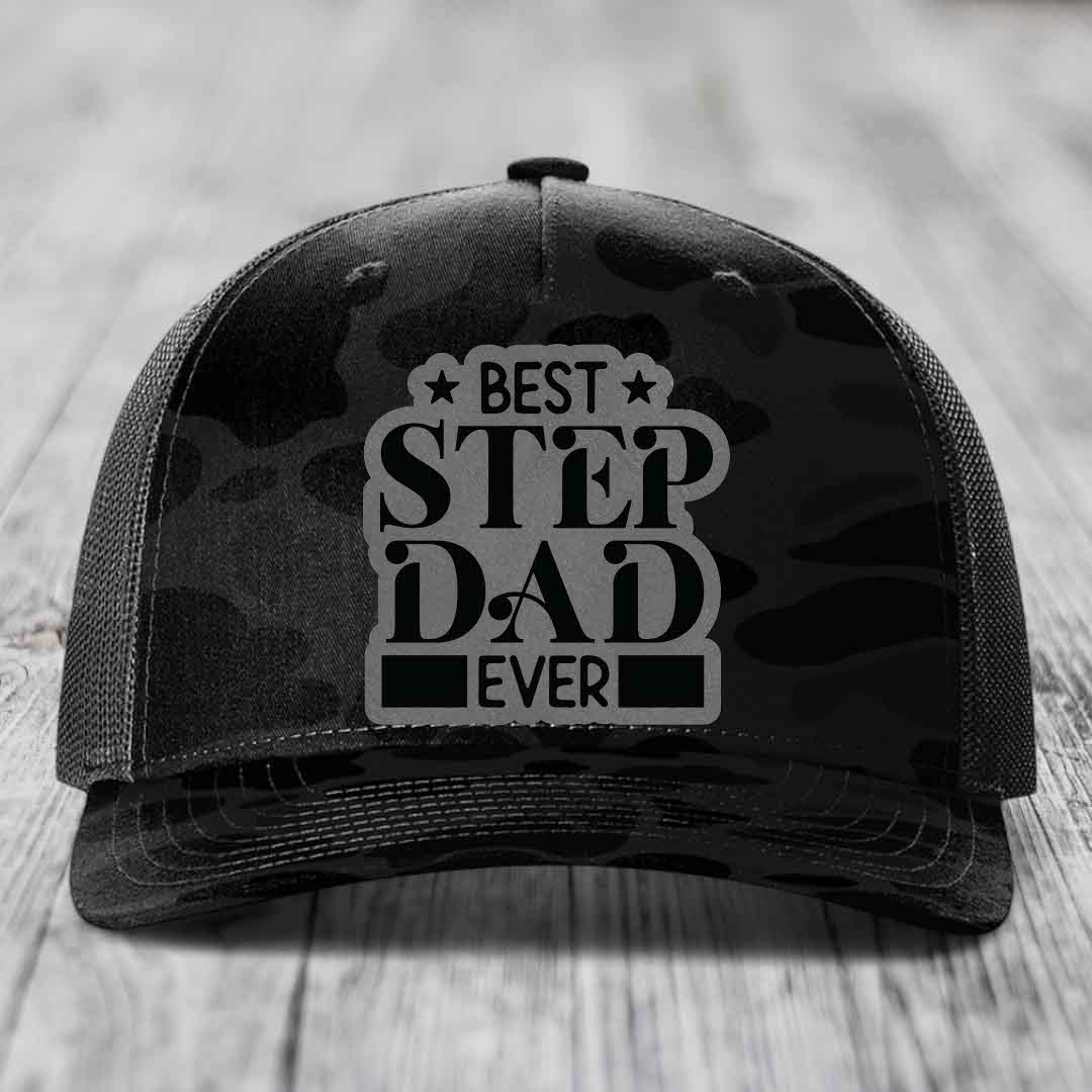 Best Step Dad Ever - Leather Patch Hat - Grey to Black Patch - Richardson 112PFP Snapback Trucker Hat