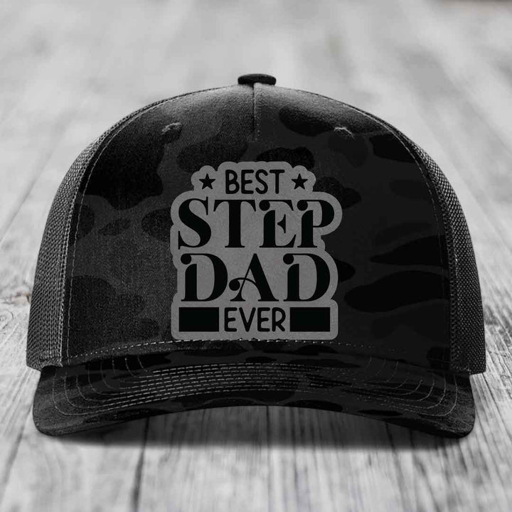 Best Step Dad Ever - Leather Patch Hat - Grey to Black Patch - Richardson 112PFP Snapback Trucker Hat