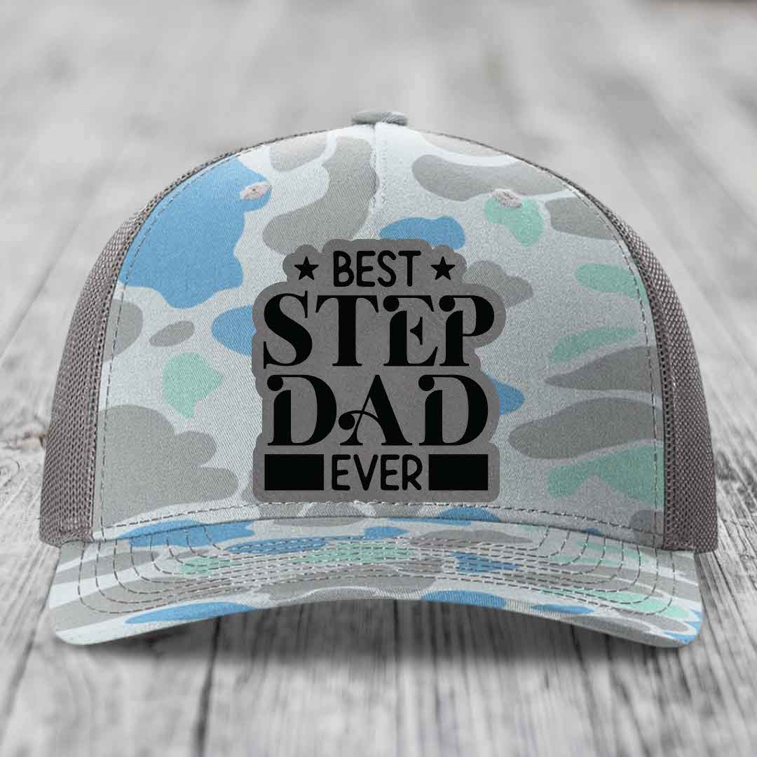 Best Step Dad Ever - Leather Patch Hat - Grey to Black Patch - Richardson 112PFP Snapback Trucker Hat