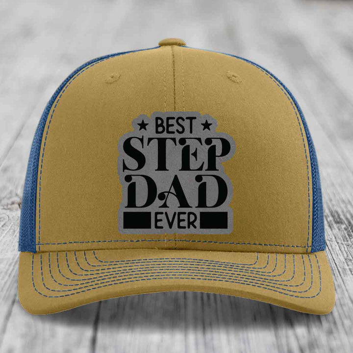 Best Step Dad Ever - Leather Patch Hat - Grey to Black Patch - Richardson 112 Snapback Trucker Hat