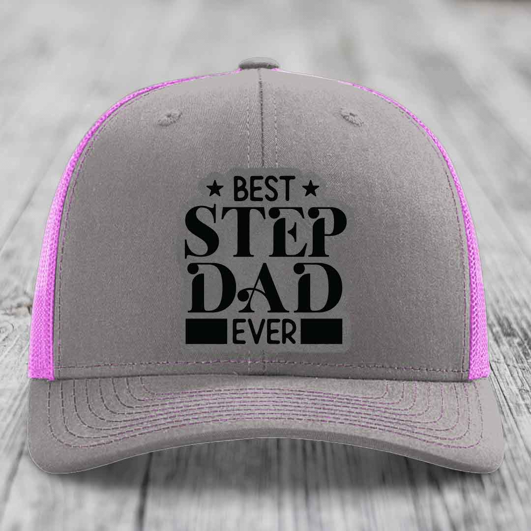 Best Step Dad Ever - Leather Patch Hat - Grey to Black Patch - Richardson 112 Snapback Trucker Hat