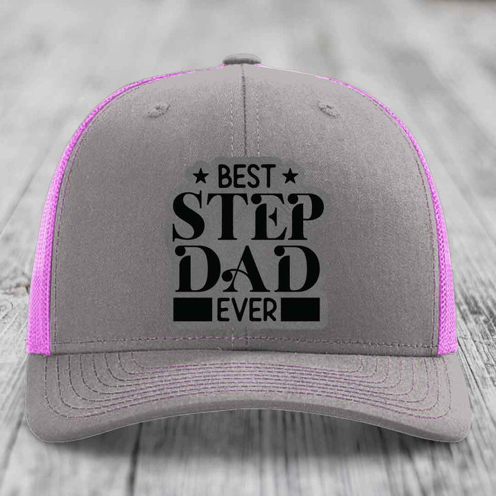 Best Step Dad Ever - Leather Patch Hat - Grey to Black Patch - Richardson 112 Snapback Trucker Hat