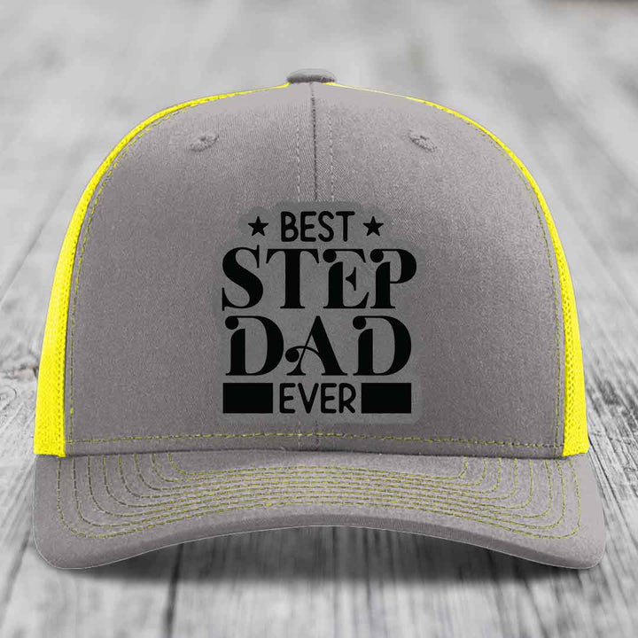 Best Step Dad Ever - Leather Patch Hat - Grey to Black Patch - Richardson 112 Snapback Trucker Hat