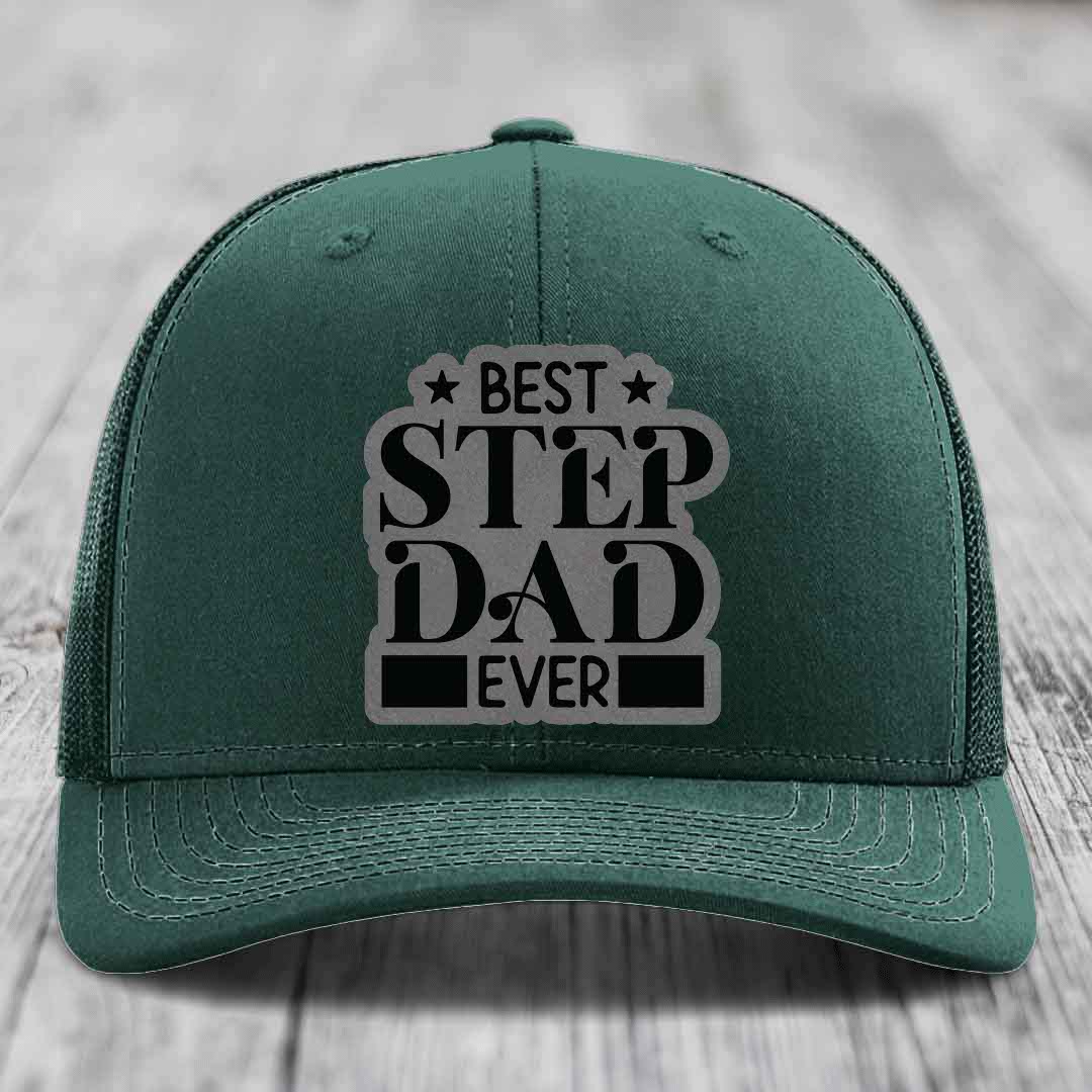 Best Step Dad Ever - Leather Patch Hat - Grey to Black Patch - Richardson 112 Snapback Trucker Hat