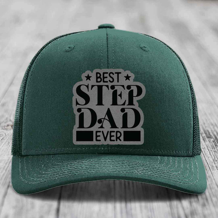 Best Step Dad Ever - Leather Patch Hat - Grey to Black Patch - Richardson 112 Snapback Trucker Hat
