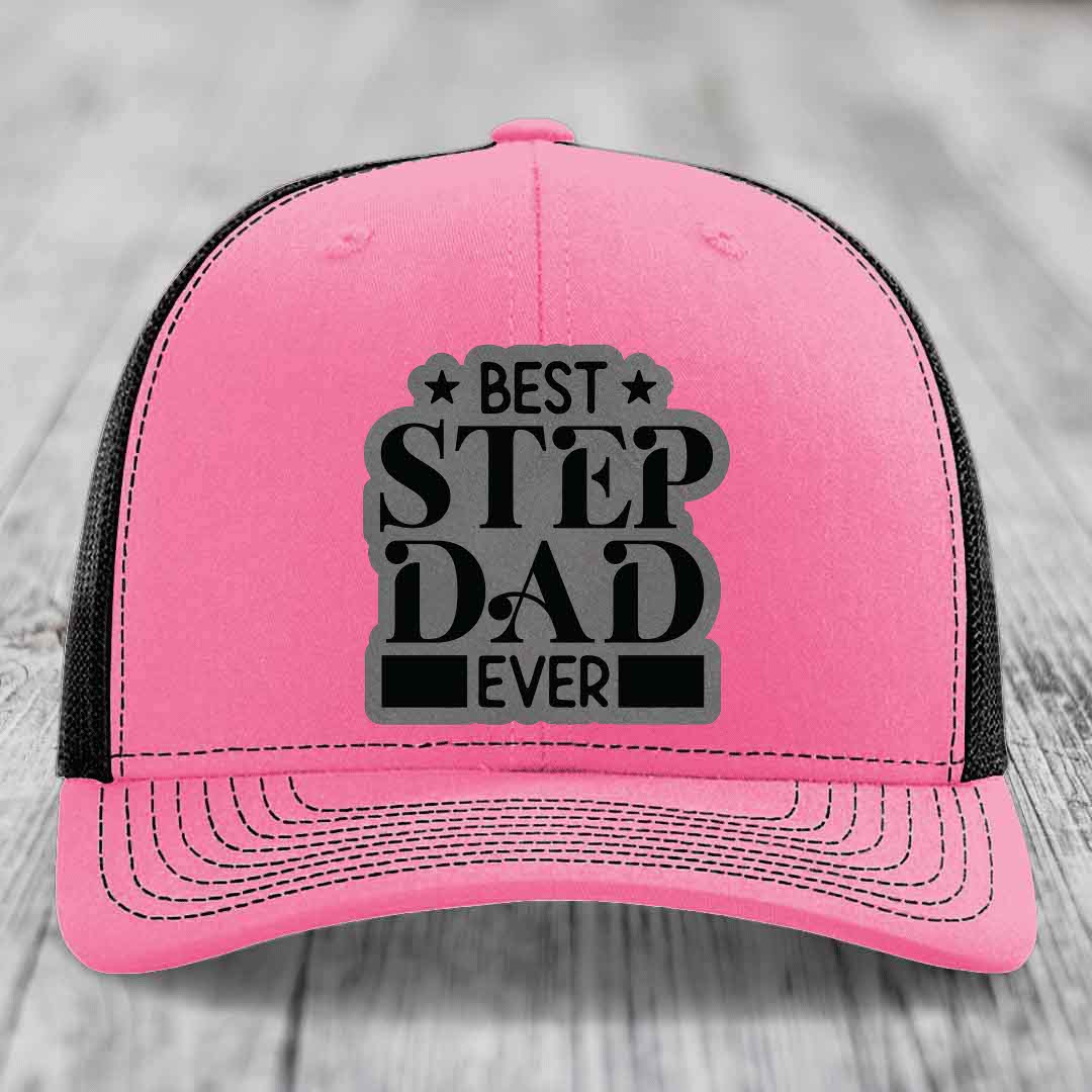 Best Step Dad Ever - Leather Patch Hat - Grey to Black Patch - Richardson 112 Snapback Trucker Hat