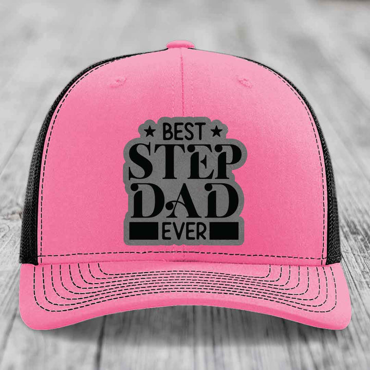 Best Step Dad Ever - Leather Patch Hat - Grey to Black Patch - Richardson 112 Snapback Trucker Hat