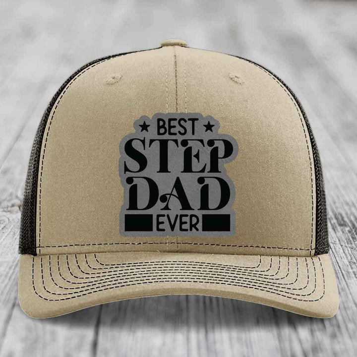 Best Step Dad Ever - Leather Patch Hat - Grey to Black Patch - Richardson 112 Snapback Trucker Hat