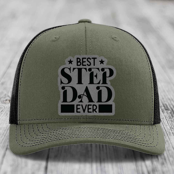 Best Step Dad Ever - Leather Patch Hat - Grey to Black Patch - Richardson 112 Snapback Trucker Hat