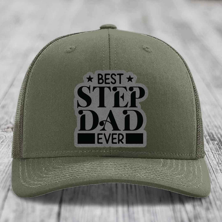 Best Step Dad Ever - Leather Patch Hat - Grey to Black Patch - Richardson 112 Snapback Trucker Hat