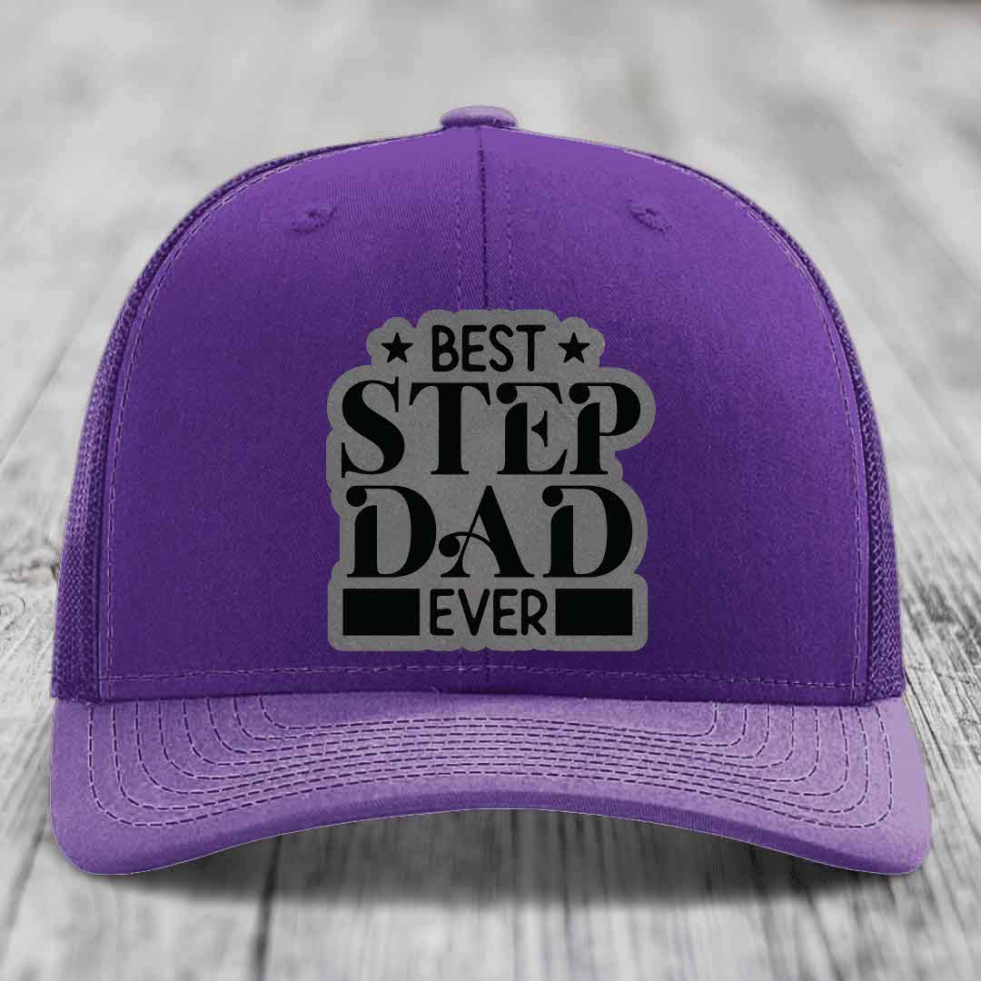 Best Step Dad Ever - Leather Patch Hat - Grey to Black Patch - Richardson 112 Snapback Trucker Hat
