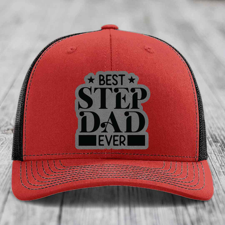 Best Step Dad Ever - Leather Patch Hat - Grey to Black Patch - Richardson 112 Snapback Trucker Hat