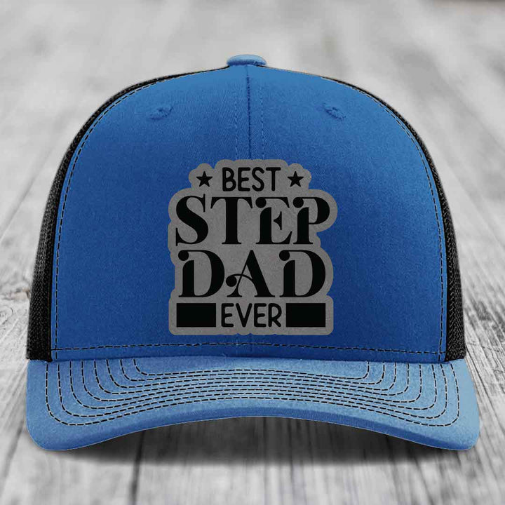 Best Step Dad Ever - Leather Patch Hat - Grey to Black Patch - Richardson 112 Snapback Trucker Hat