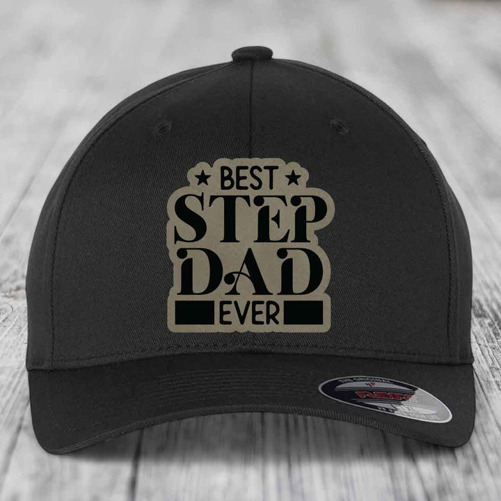 Best Step Dad Ever - Leather Patch Hat - Light Brown to Black Patch - Flexfit 6277 Fitted Hat