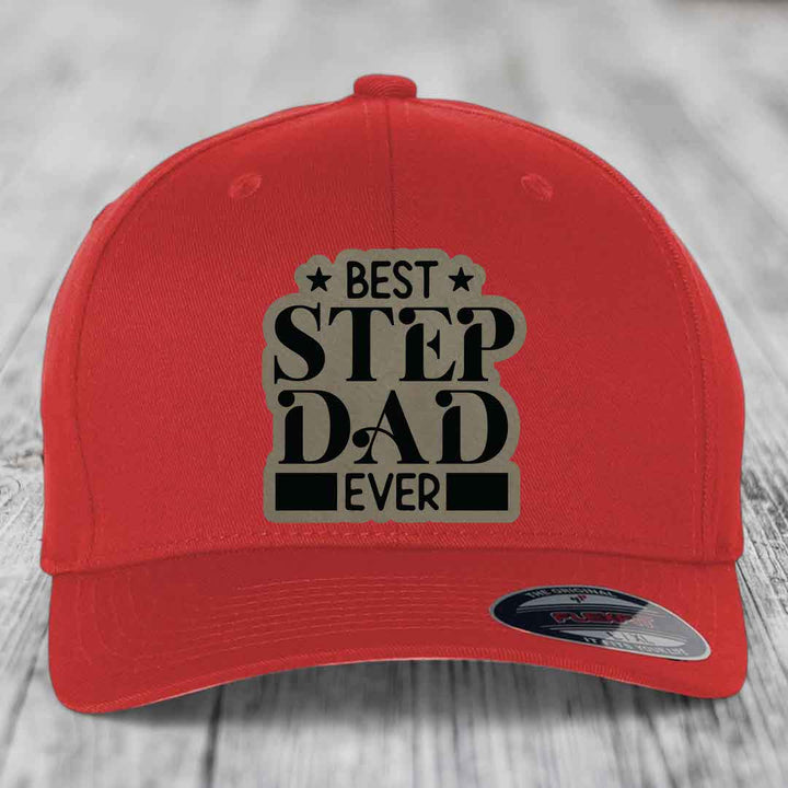 Best Step Dad Ever - Leather Patch Hat - Light Brown to Black Patch - Flexfit 6277 Fitted Hat