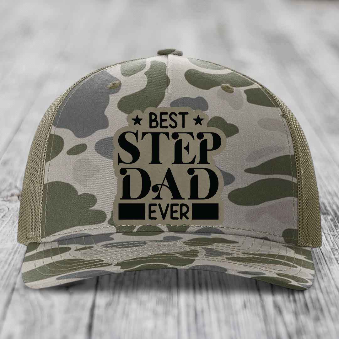 Best Step Dad Ever - Leather Patch Hat - Light Brown to Black Patch - Richardson 112PFP Snapback Trucker Hat
