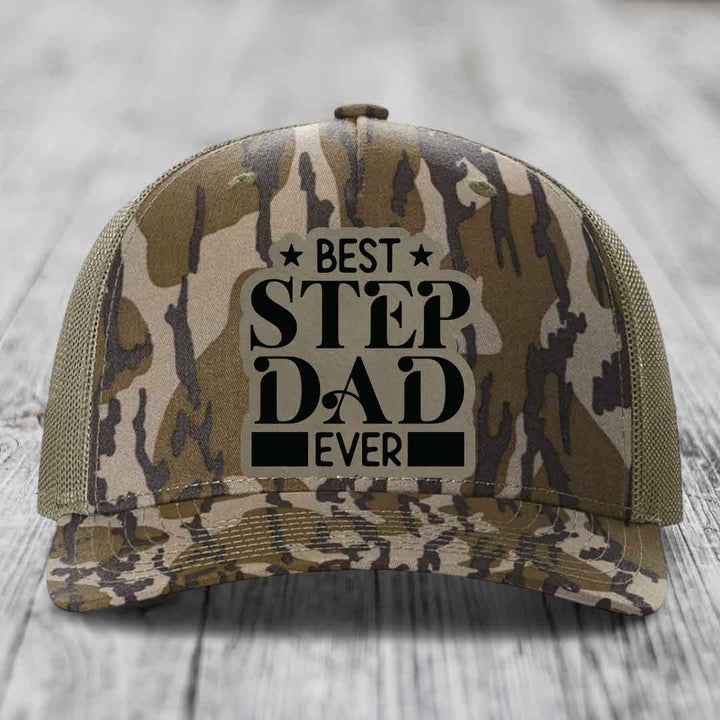 Best Step Dad Ever - Leather Patch Hat - Light Brown to Black Patch - Richardson 112PFP Snapback Trucker Hat