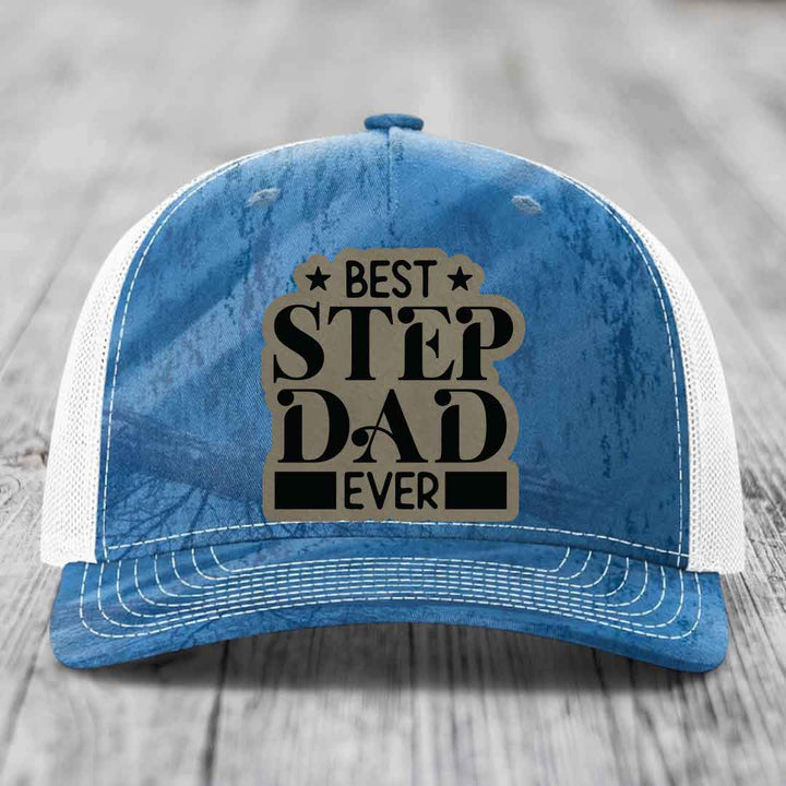 Best Step Dad Ever - Leather Patch Hat - Light Brown to Black Patch - Richardson 112PFP Snapback Trucker Hat