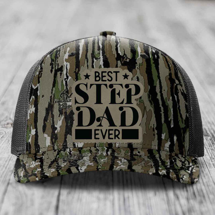 Best Step Dad Ever - Leather Patch Hat - Light Brown to Black Patch - Richardson 112PFP Snapback Trucker Hat