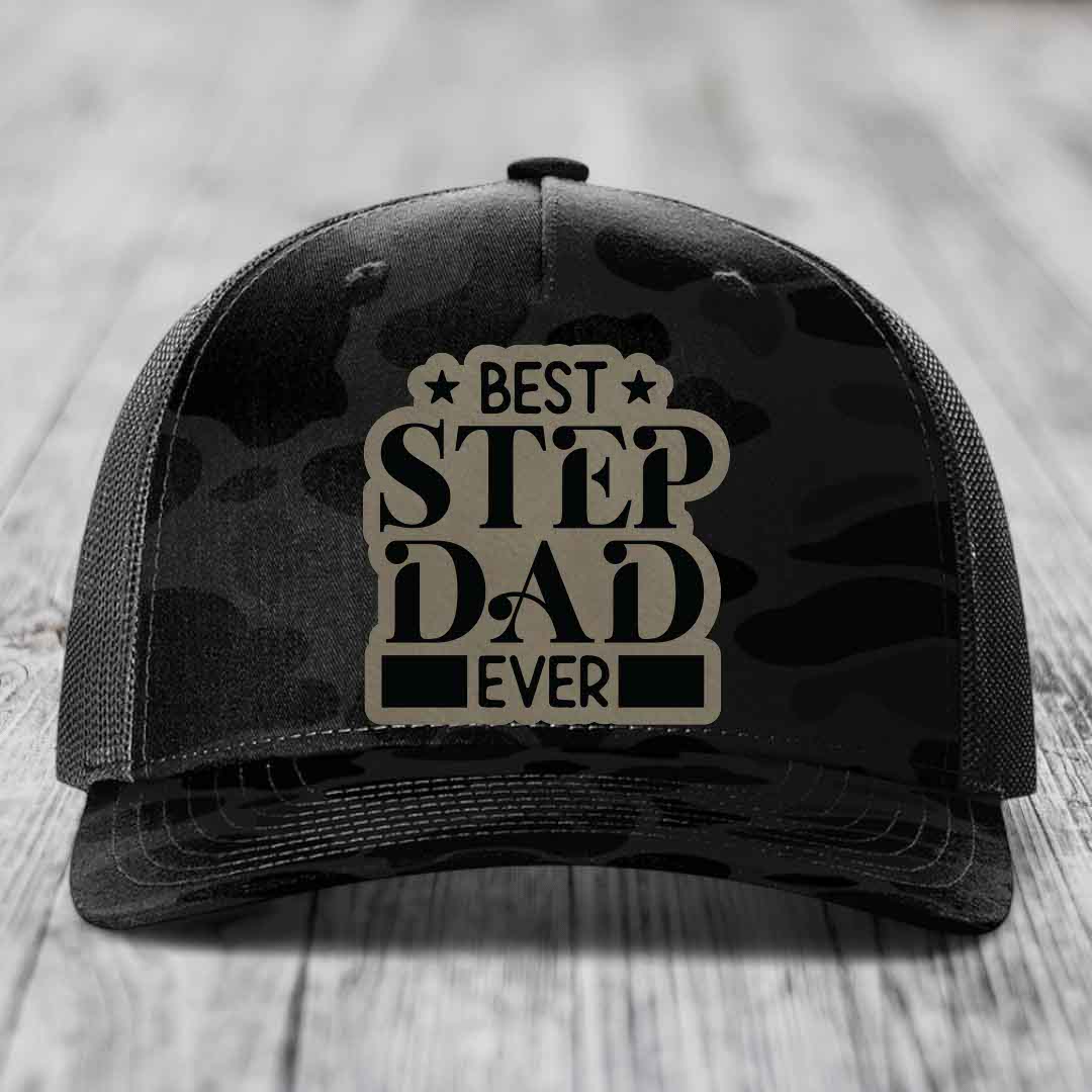 Best Step Dad Ever - Leather Patch Hat - Light Brown to Black Patch - Richardson 112PFP Snapback Trucker Hat