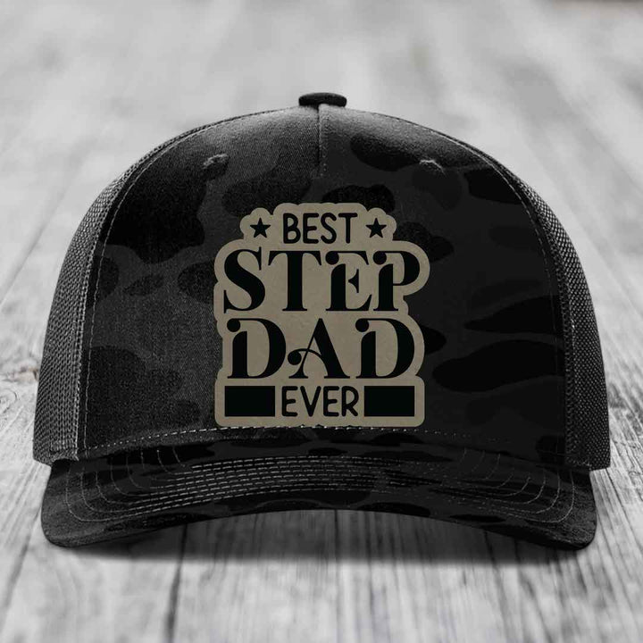 Best Step Dad Ever - Leather Patch Hat - Light Brown to Black Patch - Richardson 112PFP Snapback Trucker Hat