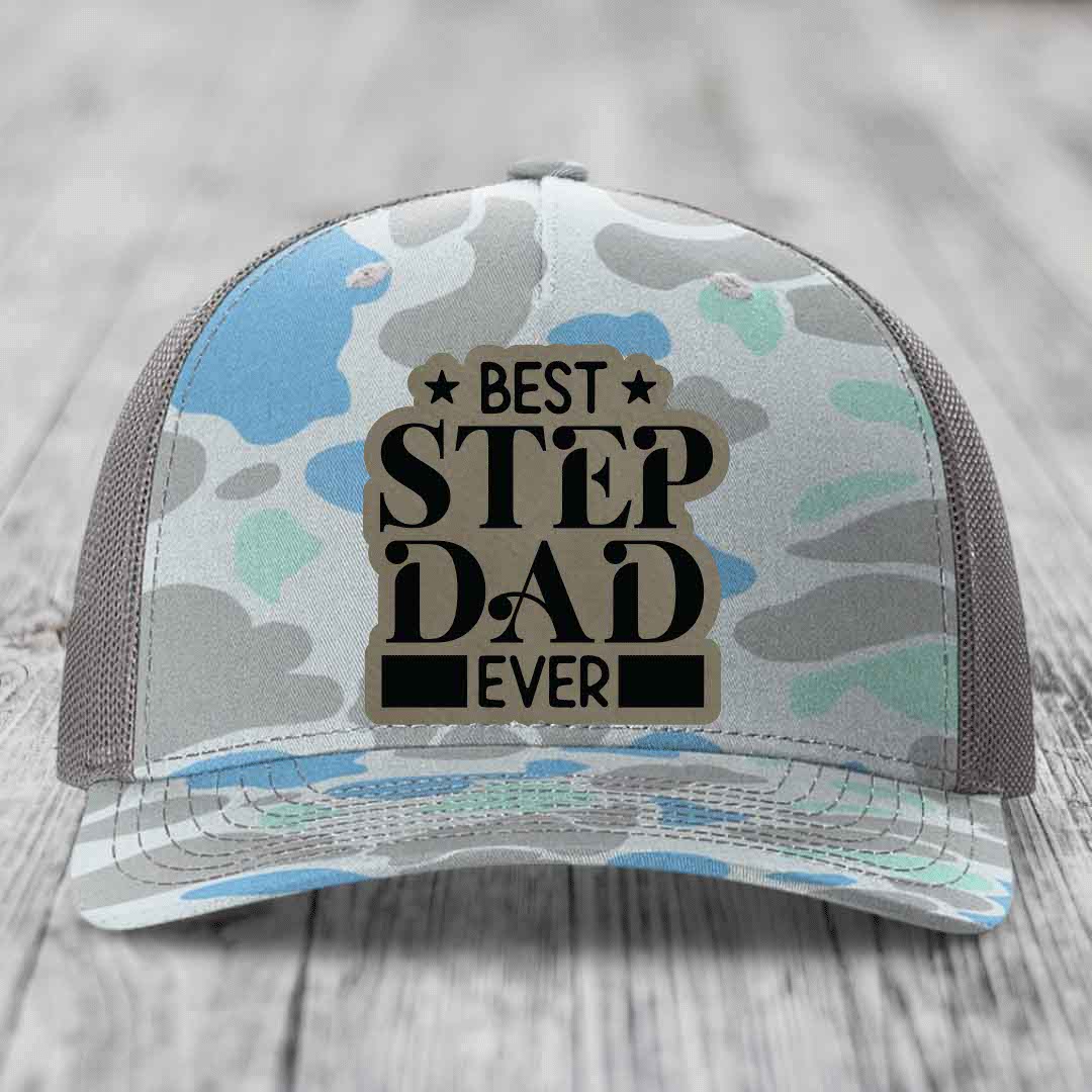 Best Step Dad Ever - Leather Patch Hat - Light Brown to Black Patch - Richardson 112PFP Snapback Trucker Hat