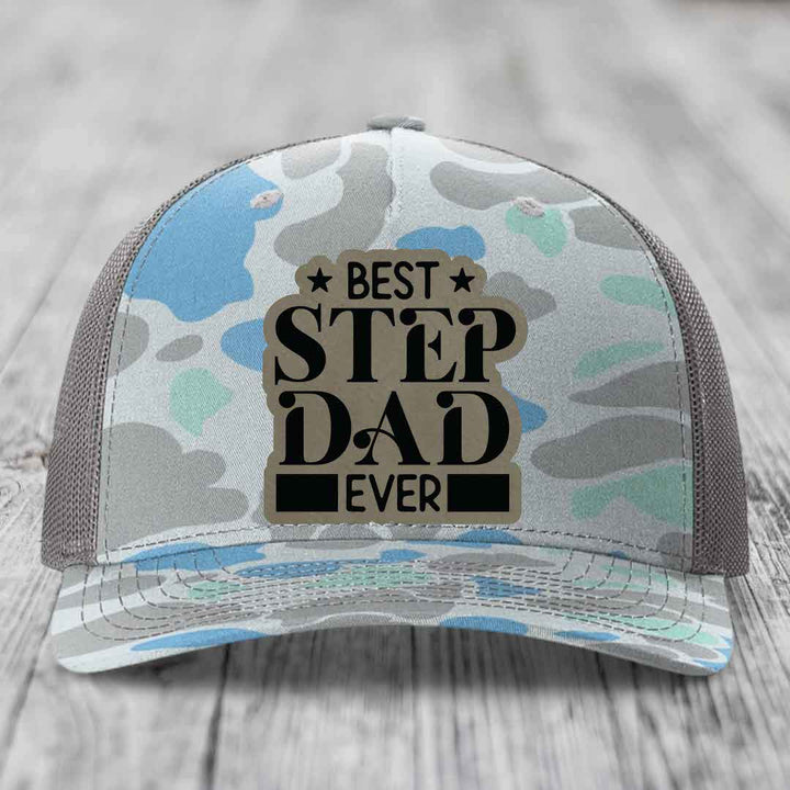 Best Step Dad Ever - Leather Patch Hat - Light Brown to Black Patch - Richardson 112PFP Snapback Trucker Hat