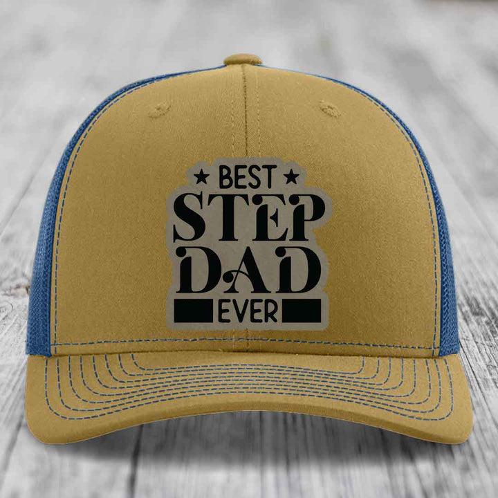 Best Step Dad Ever - Leather Patch Hat - Light Brown to Black Patch - Richardson 112 Snapback Trucker Hat