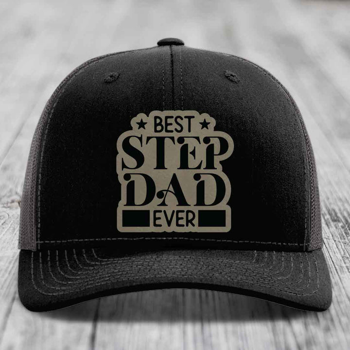 Best Step Dad Ever - Leather Patch Hat - Light Brown to Black Patch - Richardson 112 Snapback Trucker Hat