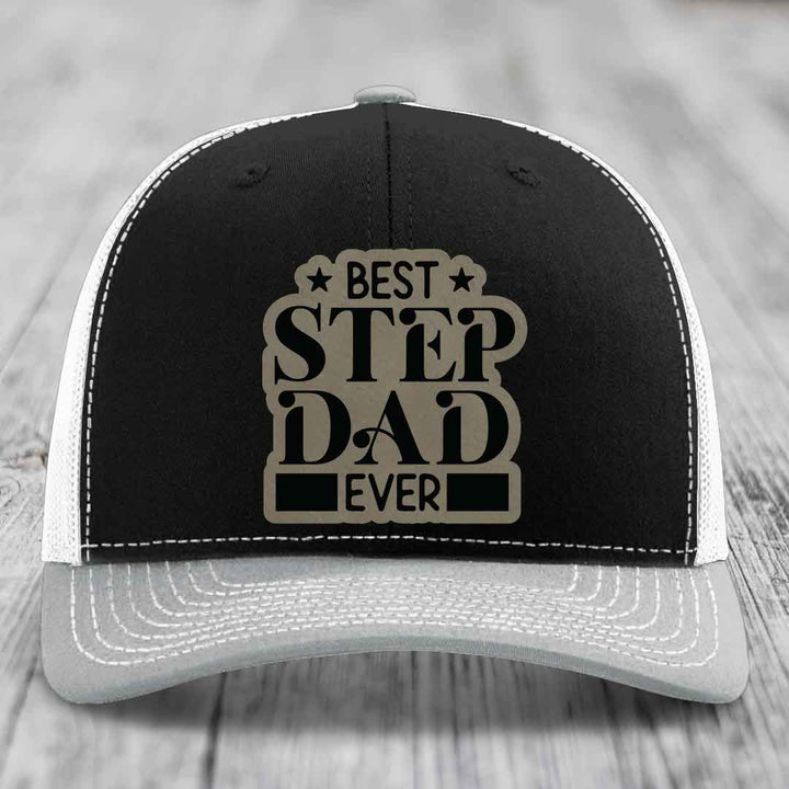 Best Step Dad Ever - Leather Patch Hat - Light Brown to Black Patch - Richardson 112 Snapback Trucker Hat