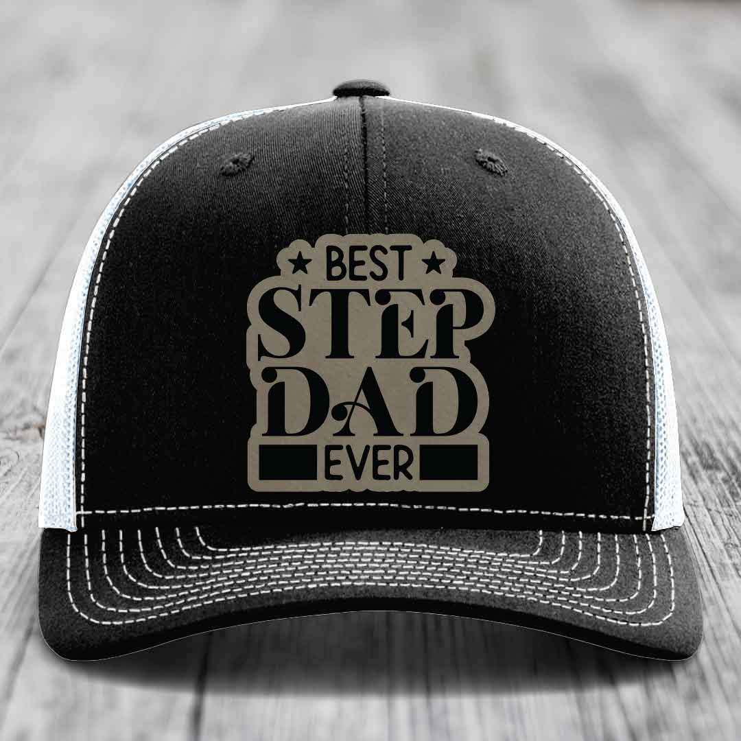 Best Step Dad Ever - Leather Patch Hat - Light Brown to Black Patch - Richardson 112 Snapback Trucker Hat