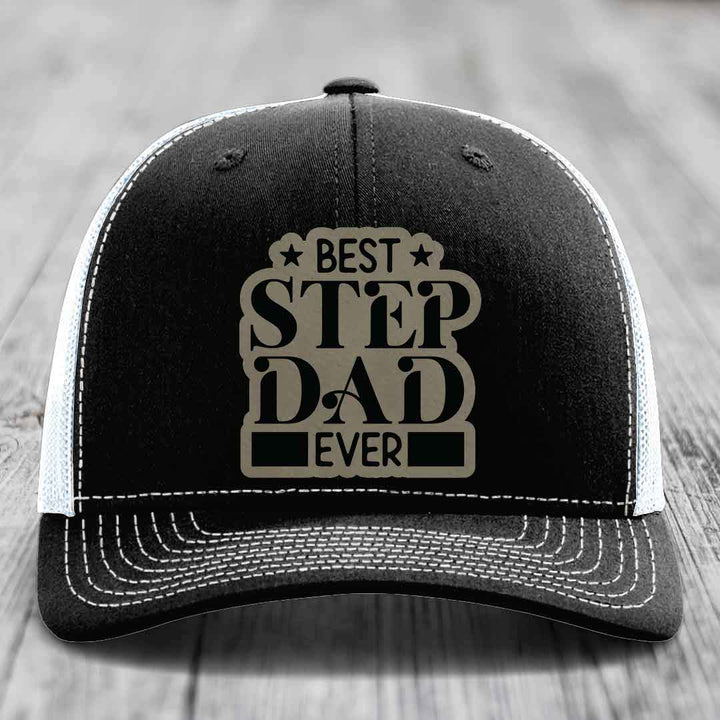 Best Step Dad Ever - Leather Patch Hat - Light Brown to Black Patch - Richardson 112 Snapback Trucker Hat