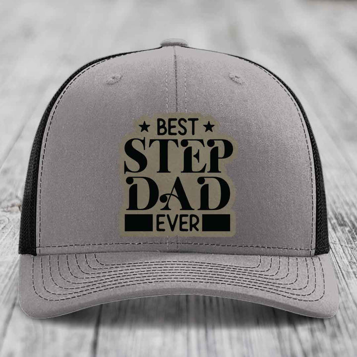 Best Step Dad Ever - Leather Patch Hat - Light Brown to Black Patch - Richardson 112 Snapback Trucker Hat