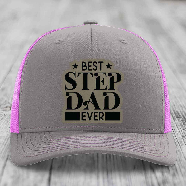 Best Step Dad Ever - Leather Patch Hat - Light Brown to Black Patch - Richardson 112 Snapback Trucker Hat