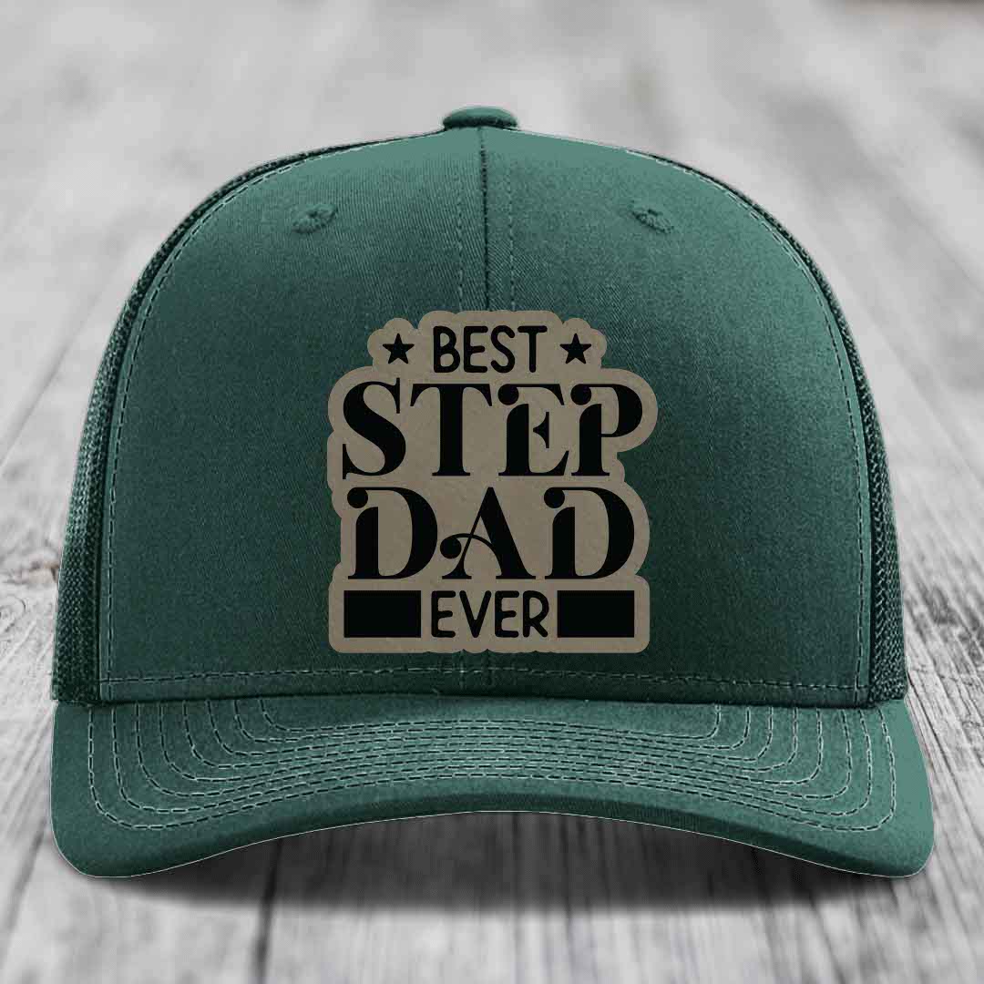 Best Step Dad Ever - Leather Patch Hat - Light Brown to Black Patch - Richardson 112 Snapback Trucker Hat