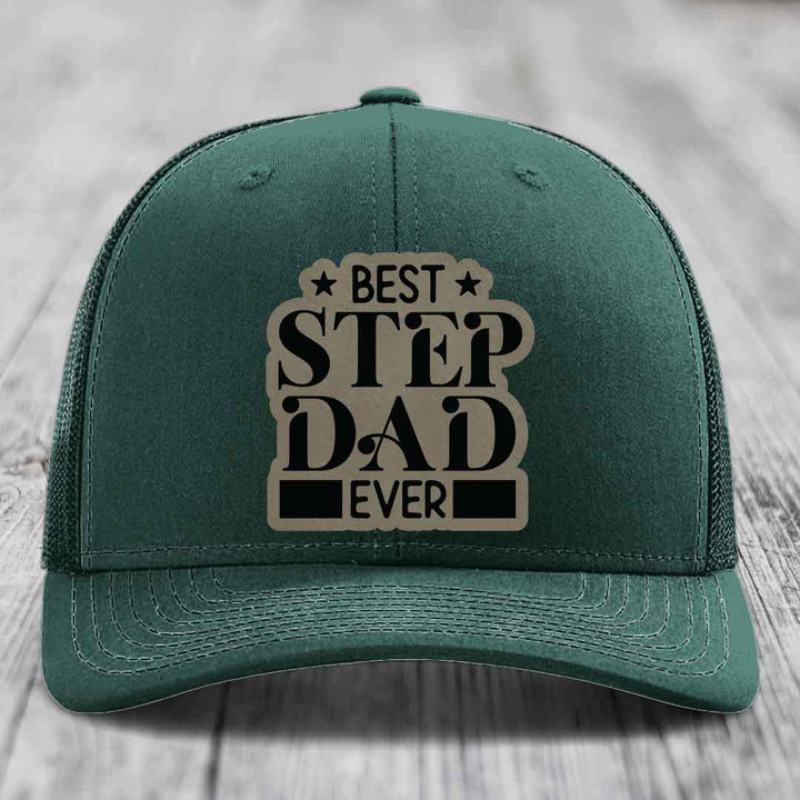 Best Step Dad Ever - Leather Patch Hat - Light Brown to Black Patch - Richardson 112 Snapback Trucker Hat
