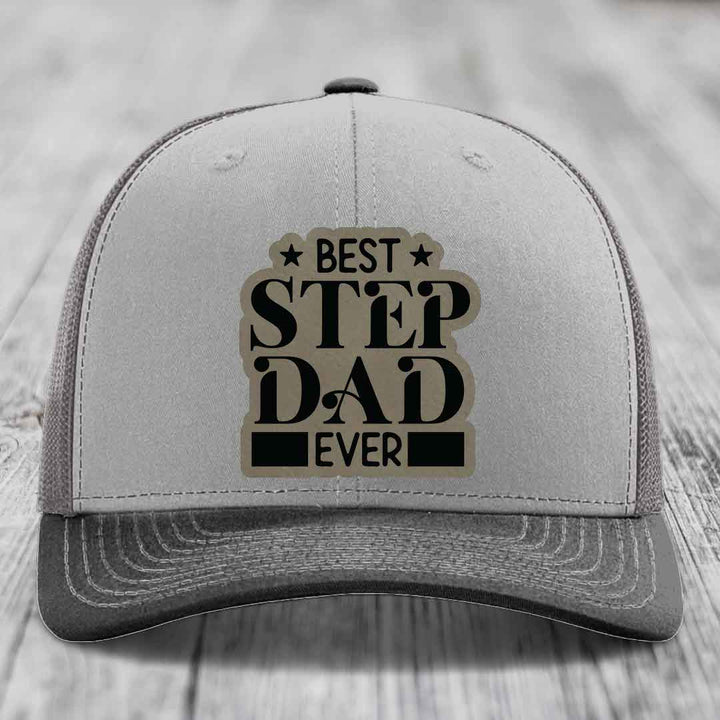 Best Step Dad Ever - Leather Patch Hat - Light Brown to Black Patch - Richardson 112 Snapback Trucker Hat
