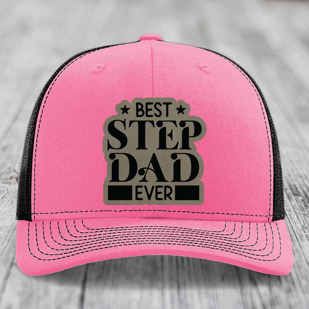 Best Step Dad Ever - Leather Patch Hat - Light Brown to Black Patch - Richardson 112 Snapback Trucker Hat
