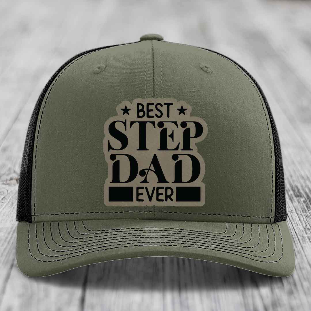 Best Step Dad Ever - Leather Patch Hat - Light Brown to Black Patch - Richardson 112 Snapback Trucker Hat