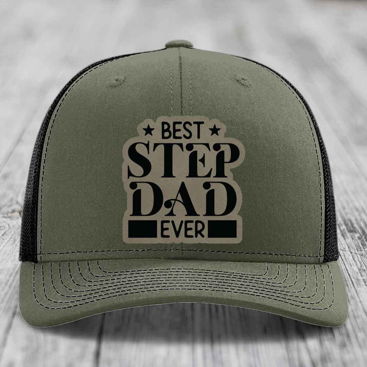 Best Step Dad Ever - Leather Patch Hat - Light Brown to Black Patch - Richardson 112 Snapback Trucker Hat
