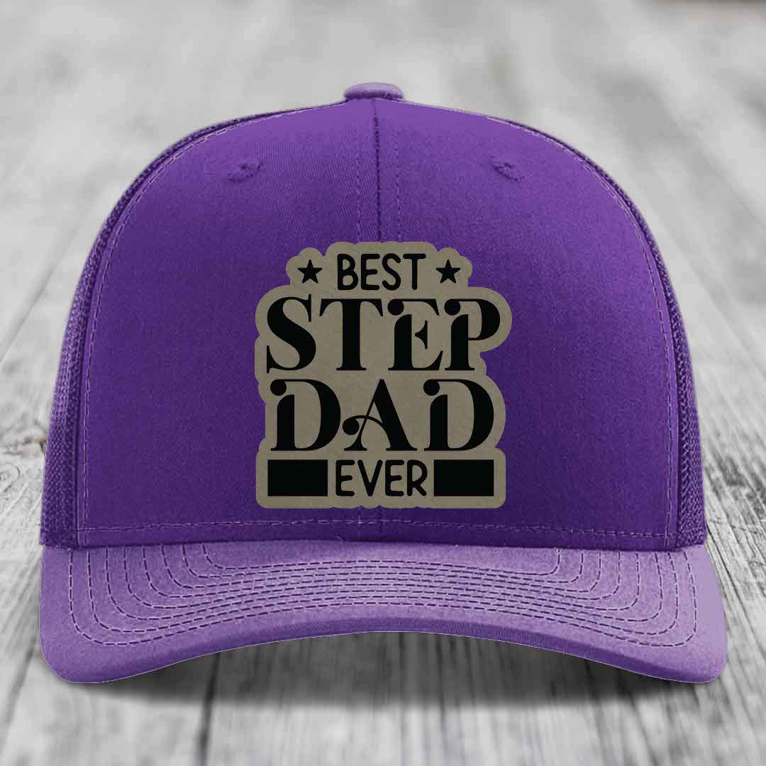 Best Step Dad Ever - Leather Patch Hat - Light Brown to Black Patch - Richardson 112 Snapback Trucker Hat