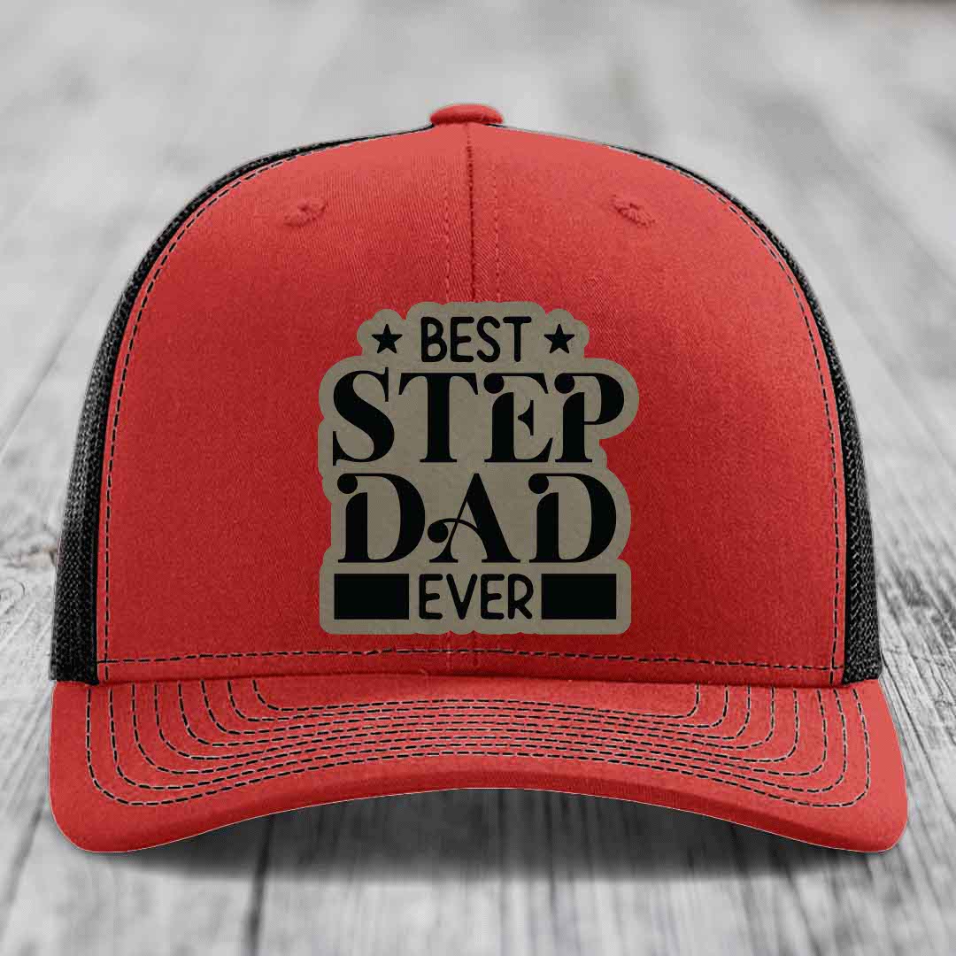 Best Step Dad Ever - Leather Patch Hat - Light Brown to Black Patch - Richardson 112 Snapback Trucker Hat