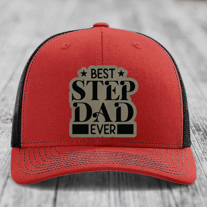 Best Step Dad Ever - Leather Patch Hat - Light Brown to Black Patch - Richardson 112 Snapback Trucker Hat