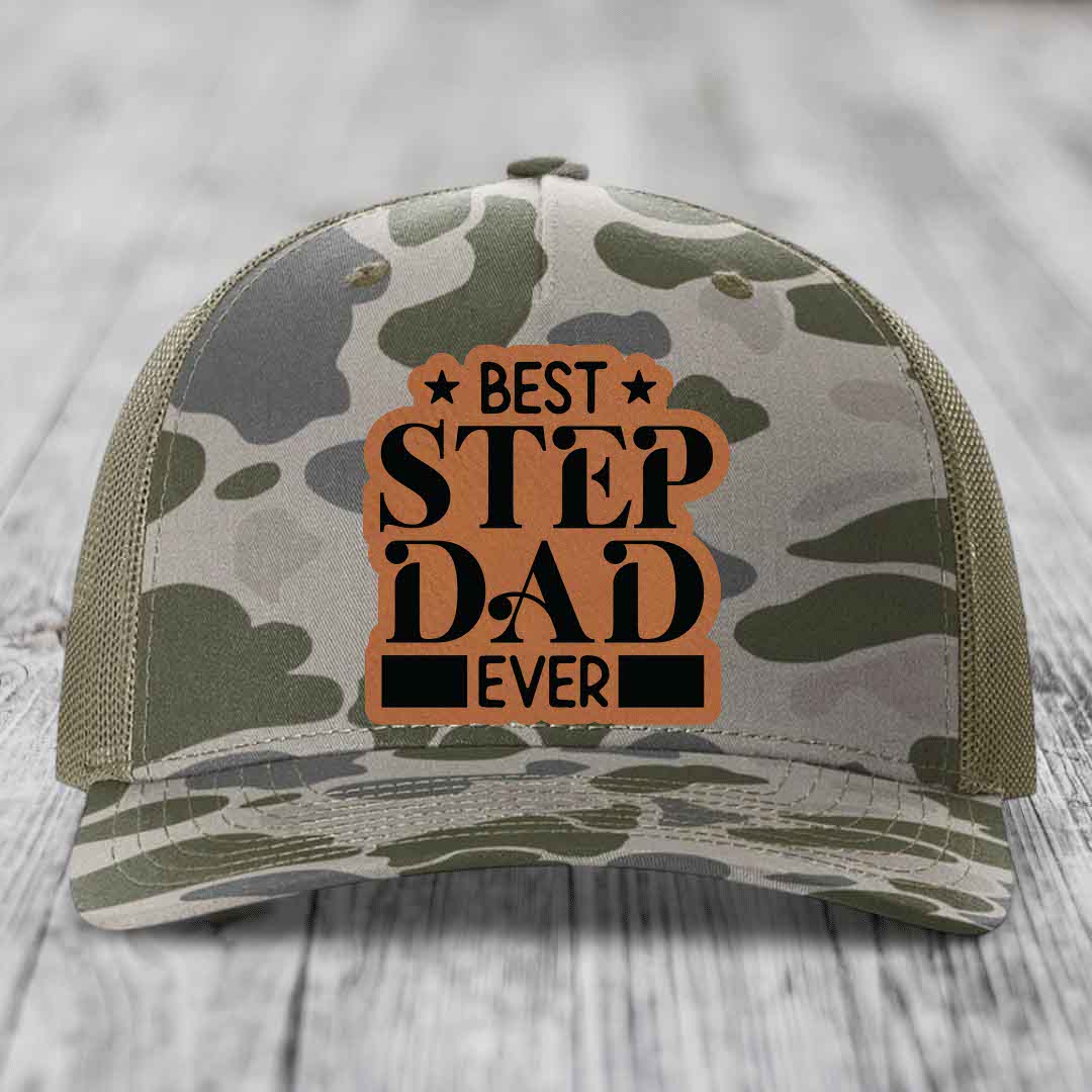 Best Step Dad Ever - Leather Patch Hat - Rawhide to Black Patch - Richardson 112PFP Snapback Trucker Hat