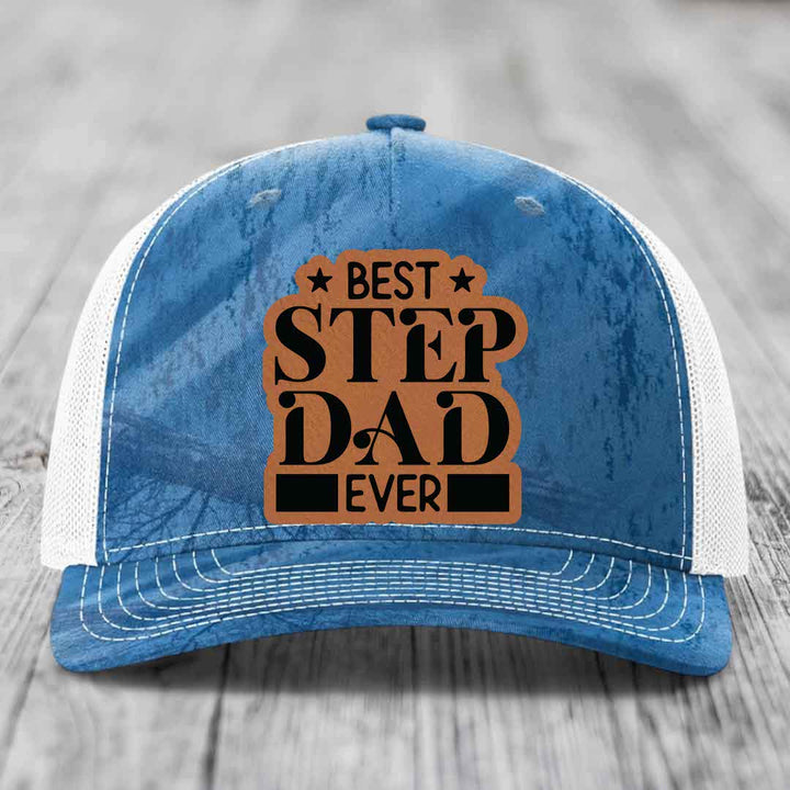 Best Step Dad Ever - Leather Patch Hat - Rawhide to Black Patch - Richardson 112PFP Snapback Trucker Hat
