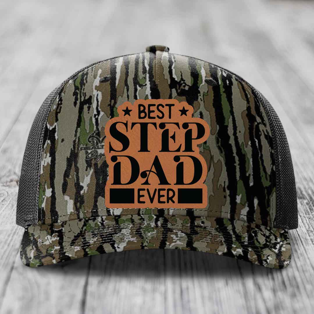 Best Step Dad Ever - Leather Patch Hat - Rawhide to Black Patch - Richardson 112PFP Snapback Trucker Hat