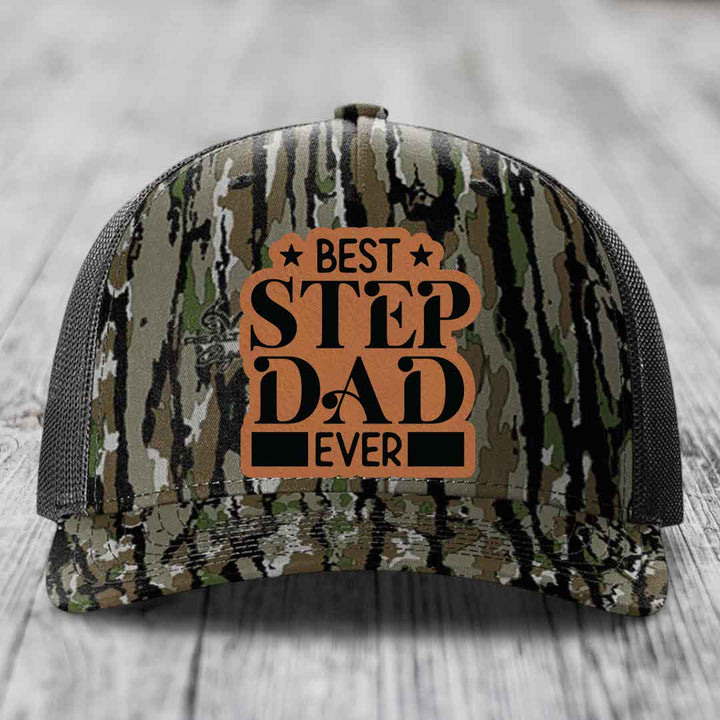 Best Step Dad Ever - Leather Patch Hat - Rawhide to Black Patch - Richardson 112PFP Snapback Trucker Hat