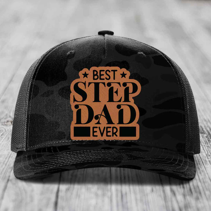 Best Step Dad Ever - Leather Patch Hat - Rawhide to Black Patch - Richardson 112PFP Snapback Trucker Hat