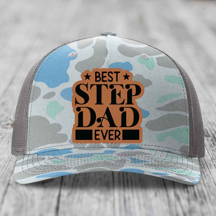 Best Step Dad Ever - Leather Patch Hat - Rawhide to Black Patch - Richardson 112PFP Snapback Trucker Hat